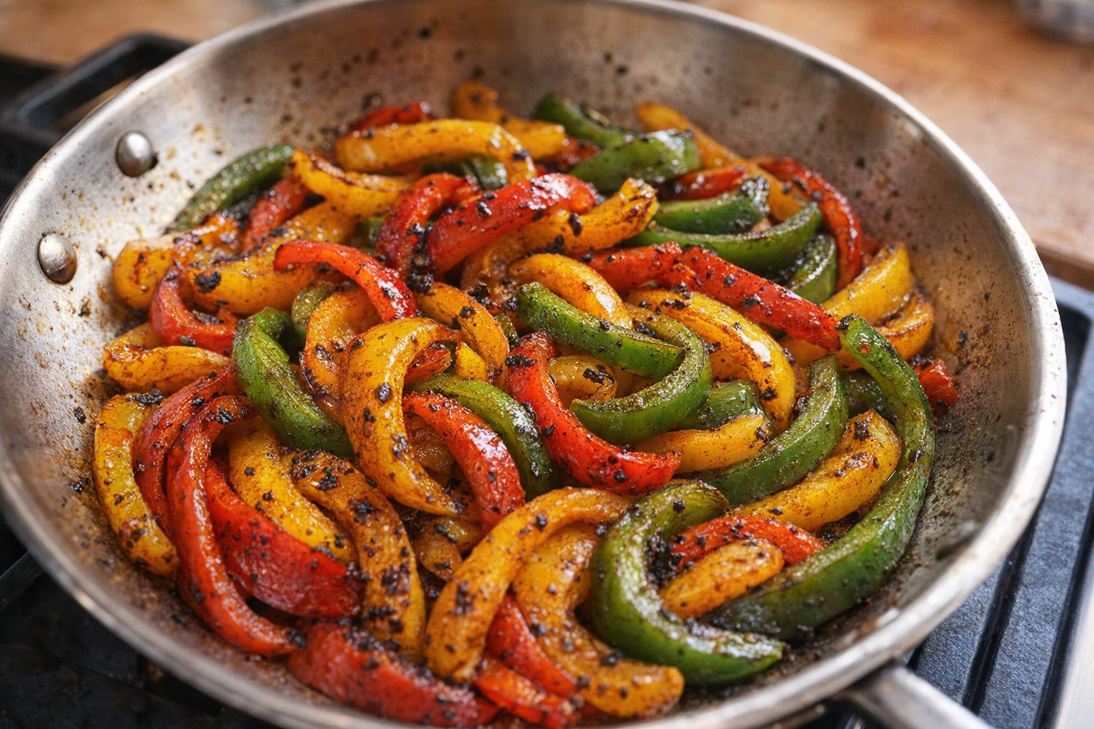 A close-up, top-down shot of vibrant, perfectly sautéed bell peppers in a stainless steel skillet, slightly charred edges, glossy sheen, warm kitchen lighting